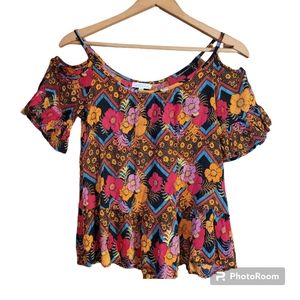 Patrons of Peace Tropical Cold Shoulder Ruffle Top size small